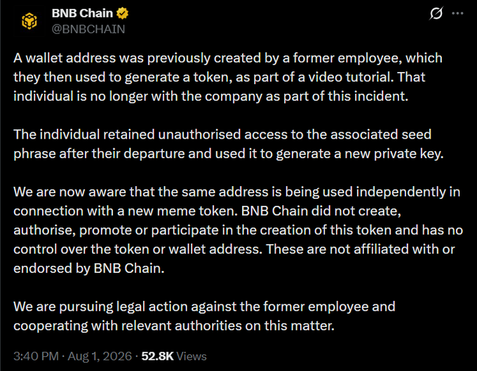 An official tweet from @BNBCHAIN addressing a security incident where a former employee retained unauthorized access to a seed phrase, stating they are pursuing legal action against the individual.