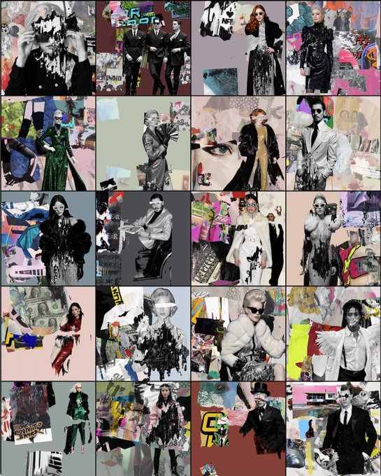 A collage of approximately twenty fashion editorial-style images featuring models in avant-garde outfits with mixed-media, collage, and graffiti-inspired backgrounds.