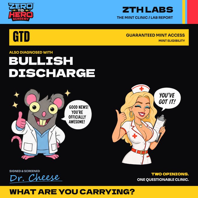 A 'Zero to Hero Academy' branded 'Mint Clinic / Lab Report' graphic showing a GTD diagnosis of 'BULLISH DISCHARGE,' featuring a cartoon rat doctor ('Dr. Cheese') saying 'Good news! You're officially awesome!' and a nurse saying 'You've got it!'