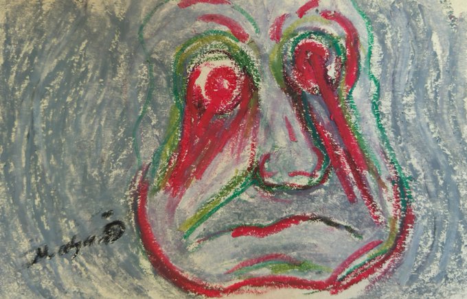 A rough, expressive portrait sketch rendered in red, green, and gray colored pencil or crayon, depicting a stylized human face with abstract features.