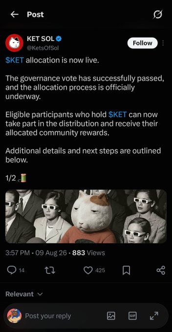The image shows a screenshot of a Twitter/X post from KET SOL (@KetsOfSol) with a blue verification checkmark, announcing that "$KET allocation is now live" following a successful governance vote. The post includes a meme image featuring a cat wearing sunglasses in what appears to be a movie-style setting. The accompanying reply warns the verified-looking account of being a scam impersonator, threatening to expose their information if they don't remove fraudulent links—suggesting the original poster is attempting to lure users with a fake token allocation distribution.