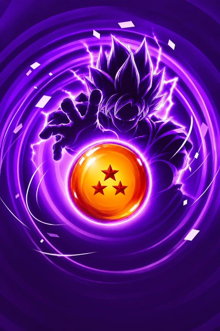 A digital illustration depicts a character resembling Goku from Dragon Ball Z surrounded by purple energy, holding a glowing orange orb with four red stars—a Dragon Ball.