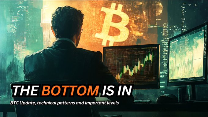 An illustrated graphic featuring a man viewed from behind looking at multiple monitors displaying financial charts, with a large Bitcoin logo and text reading 'THE BOTTOM IS IN' and 'BTC Update, technical patterns and important levels'.