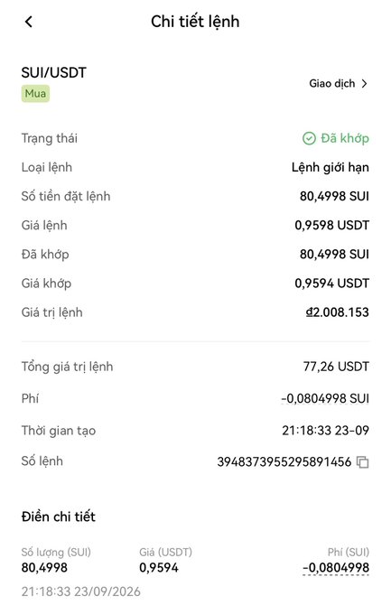 A cryptocurrency trade details screen in Vietnamese showing a completed limit buy order for SUI/USDT, with 80.4998 SUI purchased at 0.9598 USDT.