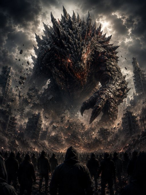 A dramatic digital artwork depicts a massive Godzilla-like monster towering over a destroyed cityscape, with hooded figures watching from the foreground amid dark stormy skies.