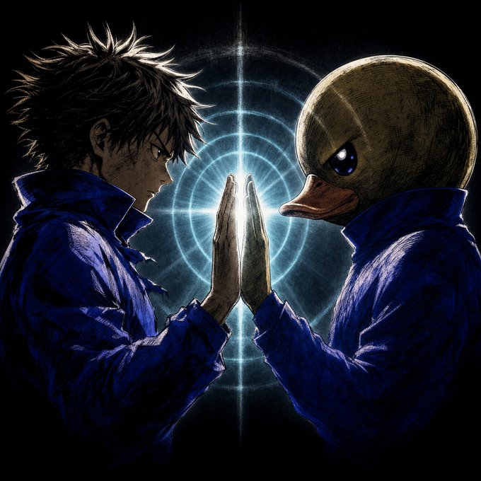 A young man with messy brown hair and an anthropomorphic duck wearing matching blue jackets press their palms together in a prayer-like gesture, with glowing blue concentric rings radiating from the point of contact between them. The image visually represents the "$EPIK" crypto token mentioned in the post, with the energy beams and mirroring pose symbolizing a powerful initiation or convergence between two forces.