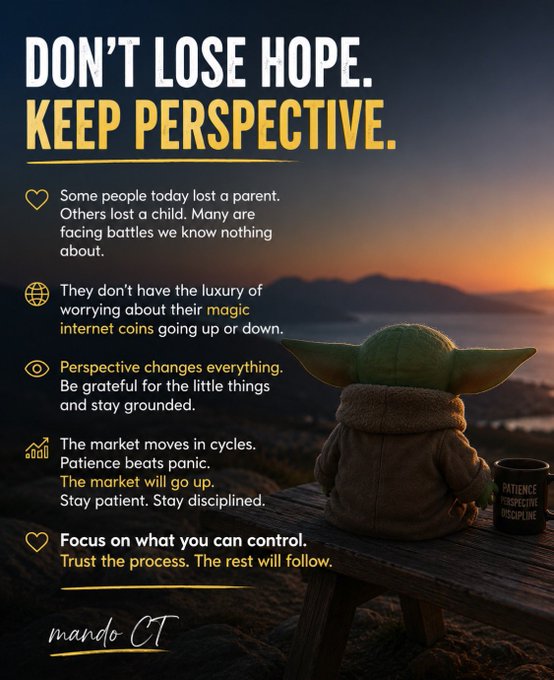 An inspirational graphic featuring Grogu (Baby Yoda) sitting on a bench overlooking a sunset landscape, holding a mug labeled "PATIENCE PERSPECTIVE DISCIPLINE." The overlaid text reads "DON'T LOSE HOPE. KEEP PERSPECTIVE." followed by a list of reminders urging viewers not to panic over the cryptocurrency market, emphasizing patience, discipline, and gratitude for what they have, signed "mando CT."