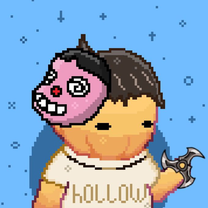 A pixel art character with a distorted pink face wearing a white shirt with "KÖLLÖW" text holds a shuriken against a blue background.