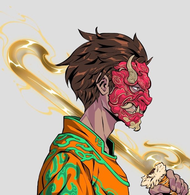 The image features a man with a red mask, possibly resembling a dragon or a werewolf, standing against a white background. He has brown hair and an orange shirt. The man holds a sword in his right hand while wearing a mask that covers most of his face except for his eyes. The post reads "Bring back sol NFT @shaolinsaga", which is likely related to the artist or creator of this image, possibly indicating that it's a digital art piece or an illustration.