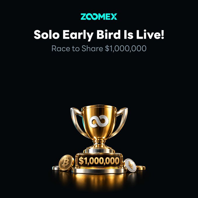 A promotional graphic for Zoomex announces that the "Solo Early Bird Is Live!" with the headline "Race to Share $1,000,000," featuring a gold trophy emblazoned with the prize amount and an infinity symbol, surrounded by Bitcoin and cryptocurrency coins—visually reinforcing the ZWTC 2026 Individual Competition's $1,000,000 USDT prize pool and the race to register.