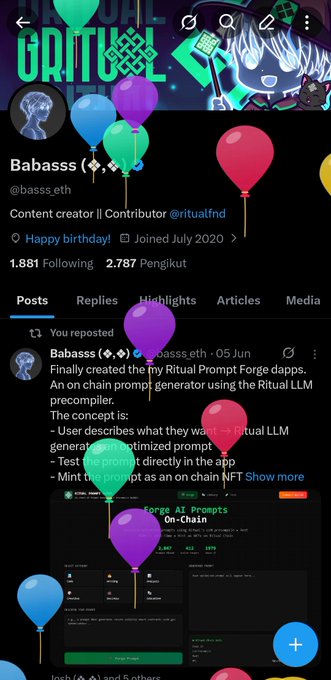 A X (Twitter) profile for 'Babass.eth' (@babss.eth) decorated with floating balloon emojis, showing a repost about their Ritual Prompt Forge dapp that uses an on-chain prompt generator.