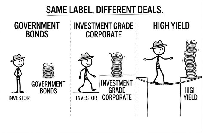 A black-and-white infographic titled 'SAME LABEL, DIFFERENT DEALS' depicting three stick-figure investors navigating increasing stacks of coins labeled 'GOVERNMENT BONDS', 'INVESTMENT GRADE CORPORATE', and 'HIGH YIELD' on progressively more precarious platforms.