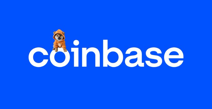 The Coinbase logo in white text on a blue background, with a small raccoon character in an orange hoodie sitting on the 'c'.