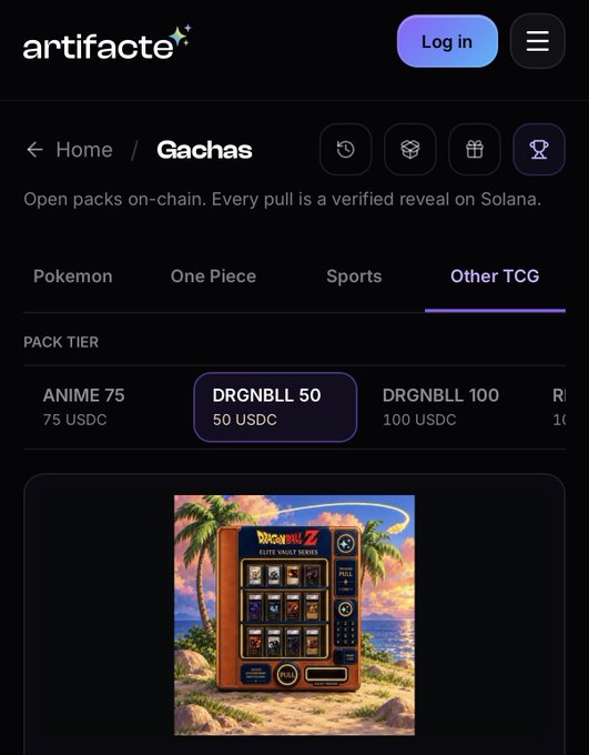 A screenshot of the artifacte website showing a Gachas section for 'Other TCG' with the 'DRGNBLL 50' pack tier selected at 50 USDC, displaying a Dragon Ball Z Elite Vault Series vending machine image.