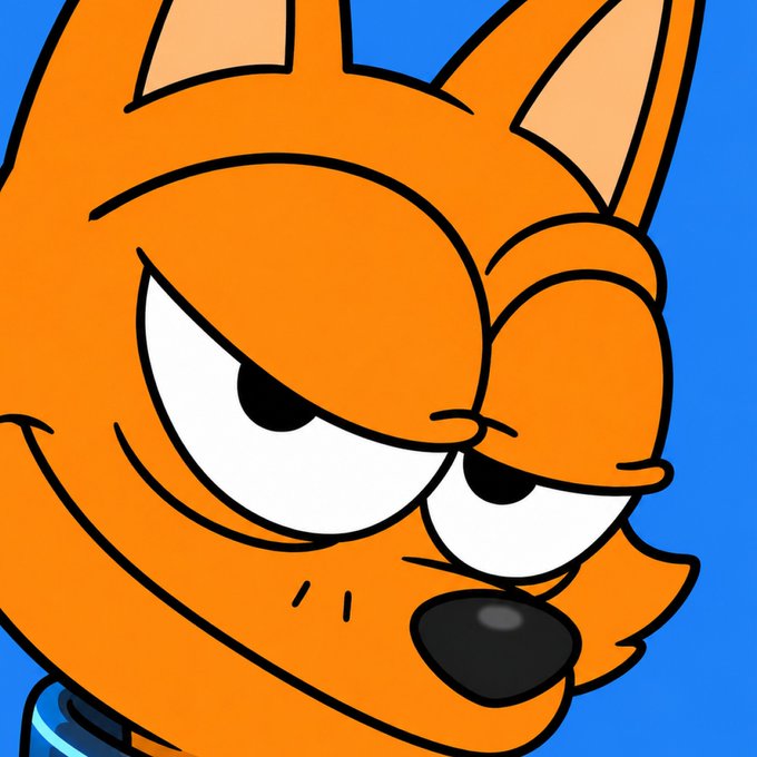 A cartoon illustration of a grumpy orange fox-like character with droopy eyes against a bright blue background.