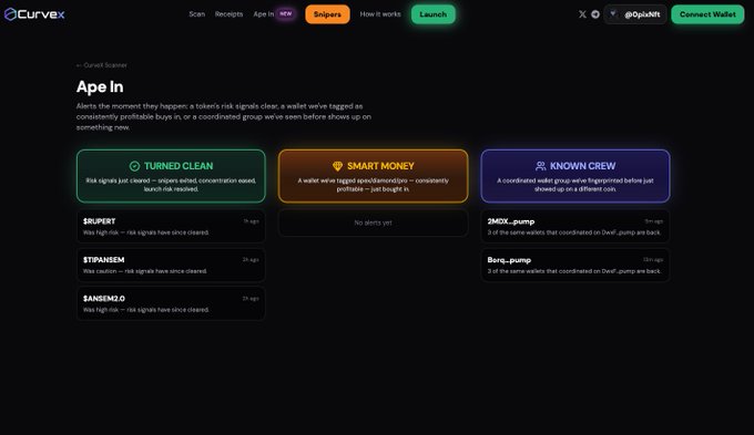 A screenshot of the Curvex crypto sniping dashboard titled 'Ape In' showing three categories: 'TURNED CLEAN' (tokens $RUPRT, $TPWAGEM, $ANSEM2.0), 'SMART MONEY' (no alerts), and 'KNOWN CREW' (tokens $2MOX_pump, $Borq_pump).