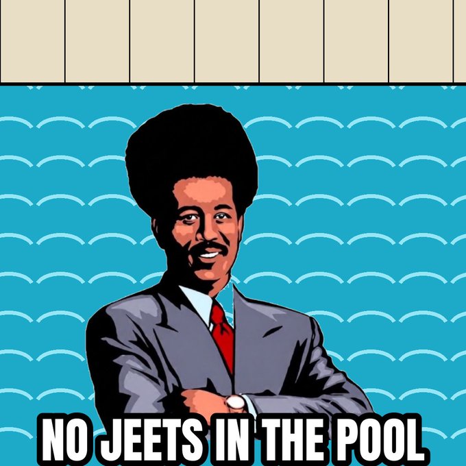 A cartoon-style illustration shows a man with an afro and mustache in a gray suit with a red tie, standing in front of a blue pool, with bold text reading "NO JEETS IN THE POOL" — a humorous warning tied to the post's message about $OPEN's commitment to integrity and taking the #1 spot on @pools_dot_fun.
