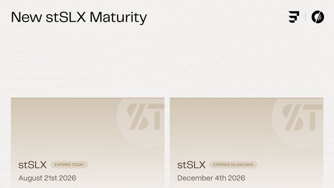 A screenshot of Exponent's "New stSLX Maturity" page displaying two fixed-rate options: an existing stSLX maturity expiring August 21st 2026 (today) and a new one expiring December 4th 2026 (108 days out), letting users roll over or open leveraged yield positions on the new maturity.