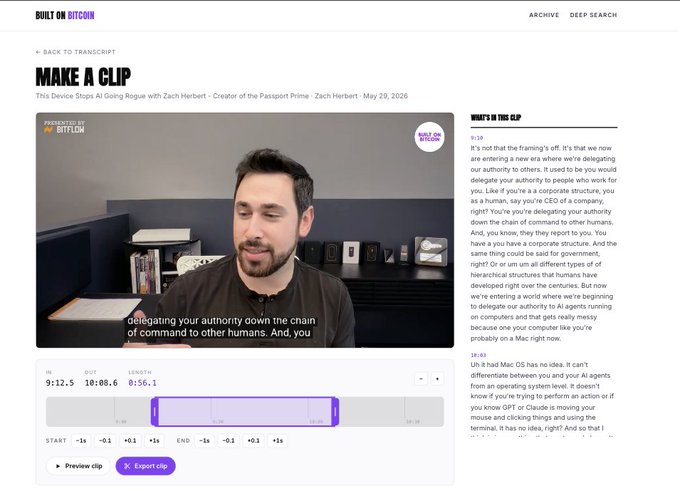 A screenshot from the Built on Bitcoin website showing a "MAKE A CLIP" video player featuring Zach Herbert of Passport Prime speaking, with a transcript panel on the right and clip editing controls below.