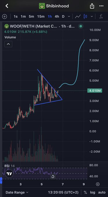 A trading chart on Shibinhhood showing the WOO/WETH pair with a price of 4.010M, up 5.68%, featuring a drawn triangle pattern and a volume indicator with RSI at the bottom.