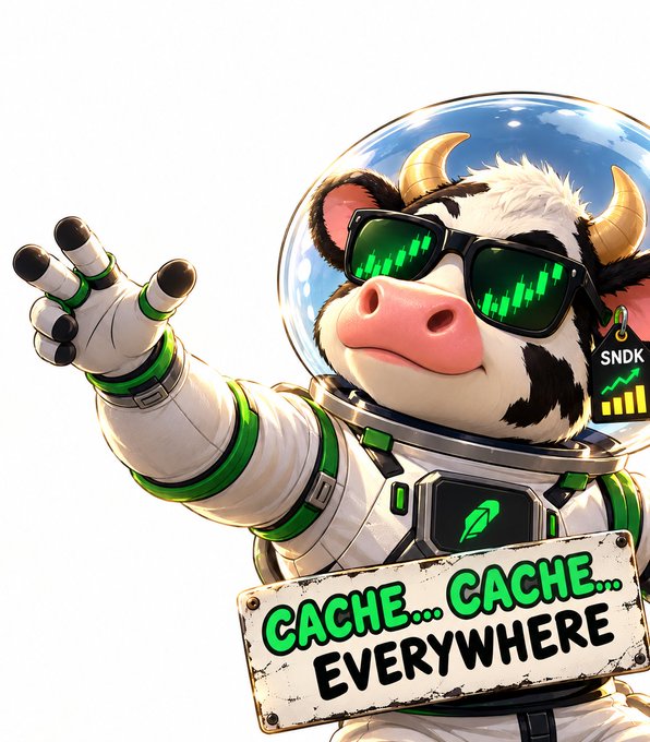 A 3D-rendered anthropomorphic cow character wearing sunglasses and an astronaut helmet poses with a sign reading 'CACHE... CACHE EVERYWHERE.'