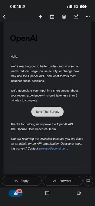 An email from OpenAI requests recipients to take a short survey about their experience using the OpenAI API.