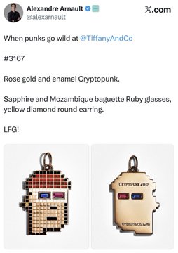 Alexandre Arnault posts on X.com about Tiffany & Co. CryptoPunk jewelry, including a rose gold and enamel CryptoPunk piece featuring sapphire, Mozambique baguette ruby glasses, and a yellow diamond round earring.