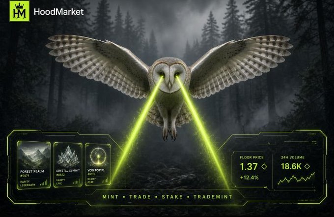 A HoodMarket promotional graphic featuring a glowing barn owl with green laser eyes in a misty forest, displaying NFT collections like Forest Realm, Crystal Summit, and Void Portal, with a floor price of 1.37 and 24H volume of 18.6K.