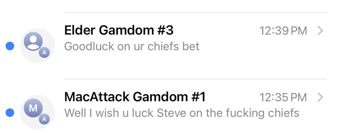 Two Gamdom support messages, one from "Elder Gamdom #3" saying "Goodluck on ur chiefs bet" and another from "MacAttack Gamdom #1" saying "Well I wish u luck Steve on the fucking chiefs," both at 12:35–12:39 PM, humorously showing the staff backing the user's Chiefs bet under their "Steve" code.