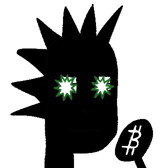 A minimalist black silhouette graphic of a figure with spiky hair and glowing green star-shaped eyes, holding a Bitcoin (₿) symbol.