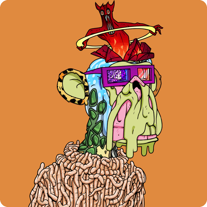 A surreal cartoon illustration on an orange background featuring a red devil-like figure above melting, colorful sunglasses with 3D glasses, all resting on a pile of worms.