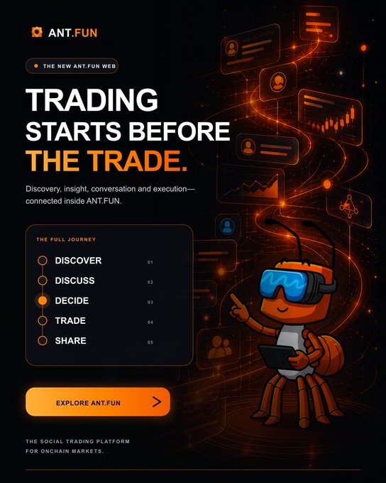 A promotional poster for ANT.FUN's upgraded web platform features an ant mascot wearing VR goggles alongside the headline "TRADING STARTS BEFORE THE TRADE," highlighting a five-step journey of Discover, Discuss, Decide, Trade, and Share as "the social trading platform for onchain markets."

The image visually reinforces the post's narrative by illustrating the seamless flow from market discovery through conversation to trading, with the ant mascot connected to floating data charts and chat bubbles that symbolize the integrated social and analytical experience of the platform.