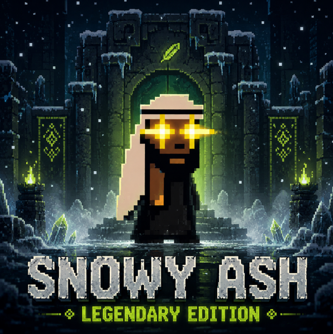 Pixel art cover art for "SNOWY ASH LEGENDARY EDITION" featuring a bearded hooded figure with glowing yellow eyes standing in an icy, rune-carved stone archway, promoting a Robipixel NFT collection whitelist incentive for holders on OpenSea.