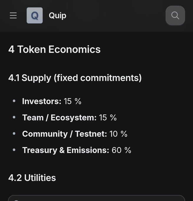 A screenshot from the Quip app displaying a '4 Token Economics' section, detailing '4.1 Supply (fixed commitments)' with allocations: Investors 15%, Team/Ecosystem 15%, Community/Testnet 10%, and Treasury & Emissions 60%, followed by a '4.2 Utilities' heading.