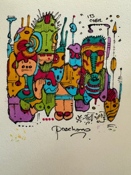 A colorful, abstract illustration featuring various cartoonish characters, monsters, and shapes with the text 'IT'S OVER!' and the signature 'POOCHONG' at the bottom.