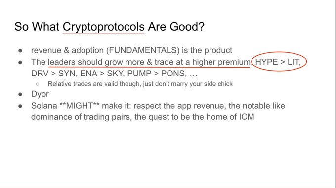 The image shows a presentation slide titled "So What Cryptoprotocols Are Good?" outlining key investment criteria including that revenue & adoption are fundamentals, leaders should "grow more & trade at a higher premium" (HYPE > LIT, DRV > SYN, ENA > SKY, PUMP > PONS), with mentions of Dyor, Solana, app revenue, and ICM dominance. This relates to the post by illustrating the "grow more & trade at higher premium" thesis—that in an adoption supercycle, winners keep winning, which is why a project like Lighters relying on competitive partnerships (rather than its own fundamentals) is less ideal compared to protocols generating direct revenue and trading dominance.