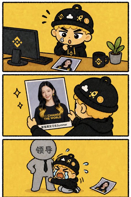 A cartoon character wearing a Binance-branded beanie stares nervously at a photo labeled "前首席实习生Summer" (Former Chief Intern Summer) before dropping it in panic as a "领导" (boss) figure looms behind, illustrating the meme's theme of being caught with forbidden crush material on day 606.