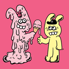 A cartoon illustration of a melting pink blob monster with multiple eyes eating ice cream while standing next to a yellow bunny-like creature on a pink background.