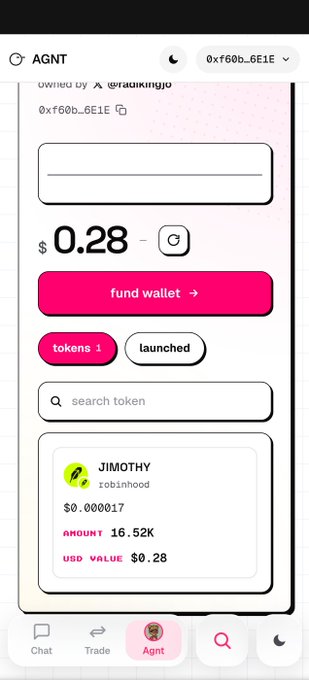 A screenshot of the AGNT app wallet interface showing token 'JIMOTHY' with ticker 'robinhood', holding 16.52K tokens worth $0.28, owned by @radikingjo.