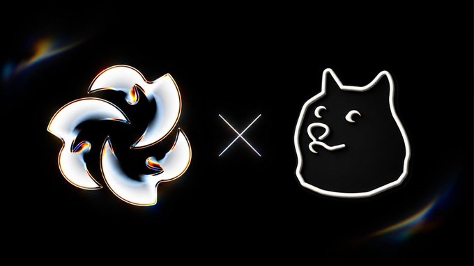 A black graphic shows a stylized metallic shuriken-like logo on the left, an 'X' in the middle, and a white outlined dog/cat-like character logo on the right.