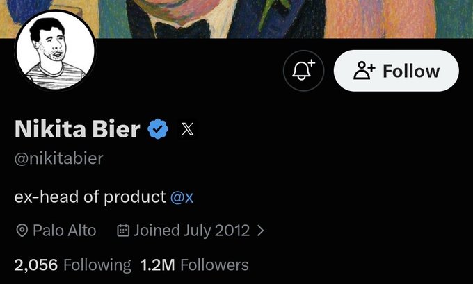 The image shows a Twitter/X profile for Nikita Bier (@nikitabiere), the ex-head of product at X, with 1.2M followers and based in Palo Alto since July 2012. Paired with the post asking "what changed?", the profile's credentials as a former X product lead suggest he has insider perspective on platform changes.