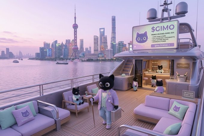 An AI-generated illustration of black cat characters in elegant attire on a yacht overlooking the Shanghai skyline, with a billboard displaying '$GIMO' stock information and the tagline 'Finance Unlocked'.