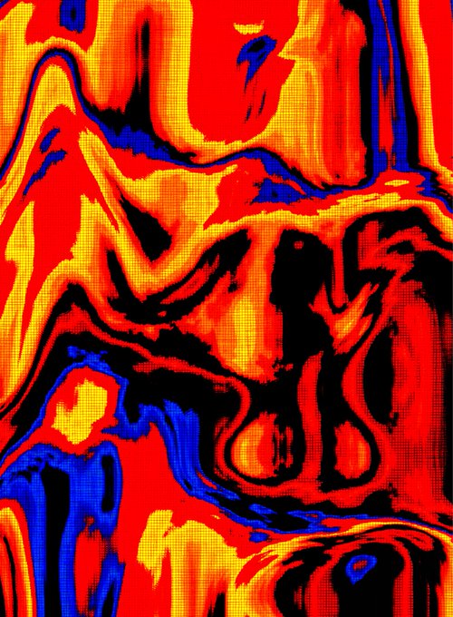 An abstract, psychedelic image with swirling patterns in red, yellow, blue, and black with a halftone dot texture.
