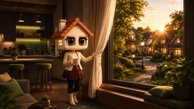 An animated character with a house-shaped head holding a mug while standing by a window with curtains in a cozy living room at sunset.