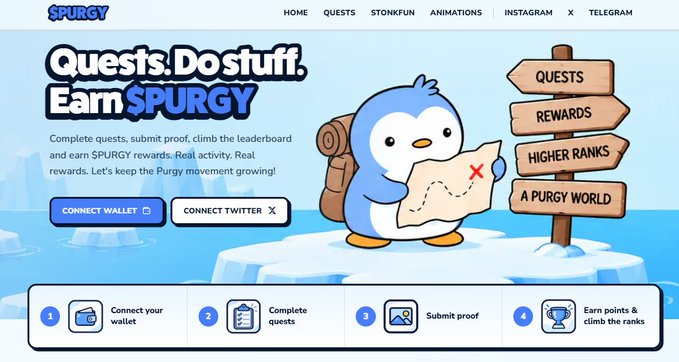 The Spurgy website homepage showing 'Quests. Do stuff. Earn $PURGY' with a penguin mascot holding a map, alongside buttons to connect a wallet and Twitter, and a 4-step process for earning rewards.