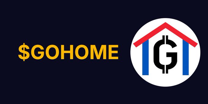 A logo graphic on a dark navy background displaying '$GOHOME' in yellow text next to a circular white emblem with a red roof and blue 'G' design.