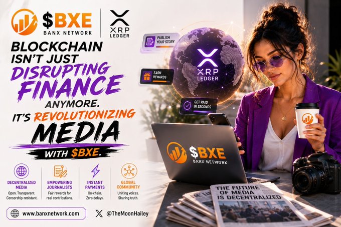 A promotional graphic for $BXE Banx Network and XRP Ledger featuring a woman in a purple blazer holding a branded coffee cup while working on a laptop displaying the $BXE logo, with overlaid text reading "BLOCKCHAIN ISN'T JUST DISRUPTING FINANCE ANYMORE. IT'S REVOLUTIONIZING MEDIA WITH $BXE." The image visually reinforces the post's message about blockchain transforming the media industry, with additional icons highlighting features like decentralized media, empowering journalists, instant payments, and global community, alongside a newspaper reading "THE FUTURE OF MEDIA IS DECENTRALIZED."