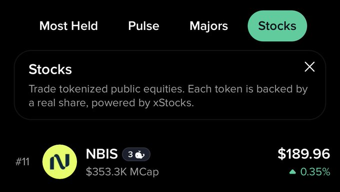 A dark-themed trading interface shows the "Stocks" tab selected, with an information panel explaining that users can "Trade tokenized public equities" backed by real shares via xStocks. The stock listed is $NBIS (#11) with a price of $189.96, up 0.35%, and a market cap of $353.3K, promoting its availability on Moby via Solana and Sunrise.