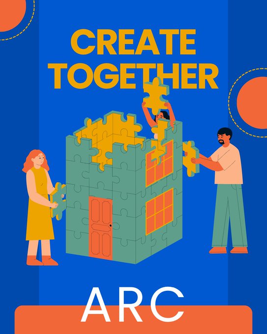 A promotional graphic featuring three cartoon figures collaboratively assembling a building from giant puzzle pieces, with the bold yellow headline "CREATE TOGETHER" and the "ARC" logo displayed at the bottom—visually reinforcing the post's message about Arc's upcoming Mainnet launch and $ARC token sale as a community-driven effort.