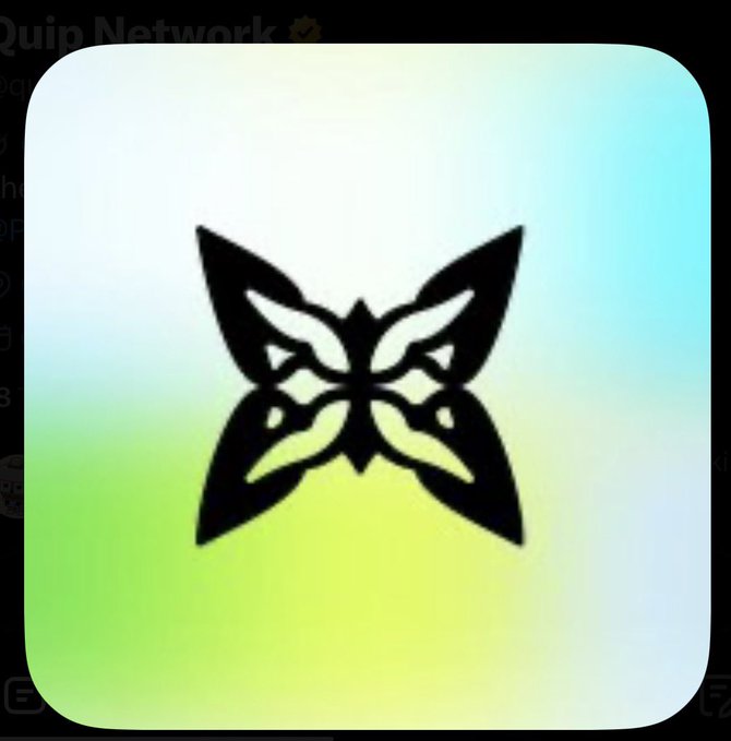A black, symmetrical butterfly-like logo displayed in a rounded square app icon on a pastel gradient background.